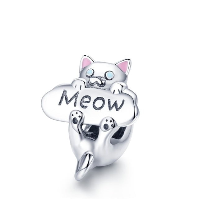 Cat Charms, Cat Jewelry, Cat Pendant, Silver Cat Charm ECC1178 Silver Meow Charm