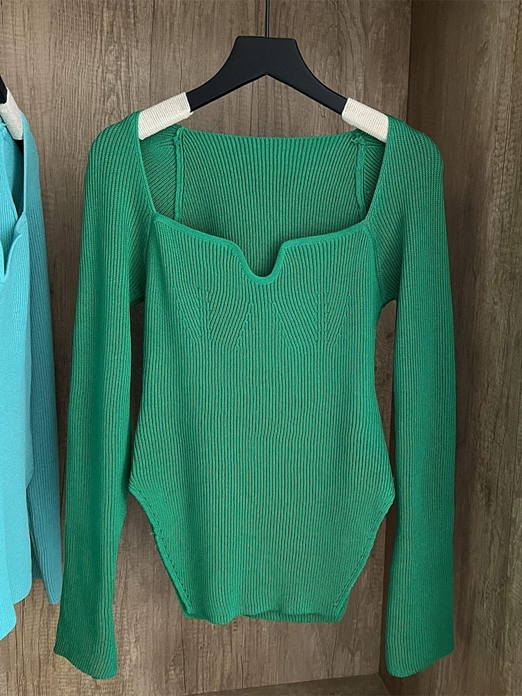 Green / One Size / China square collar long sleeve women's sweater knit pullover 14:175;5:200003528;200007763:201336100
