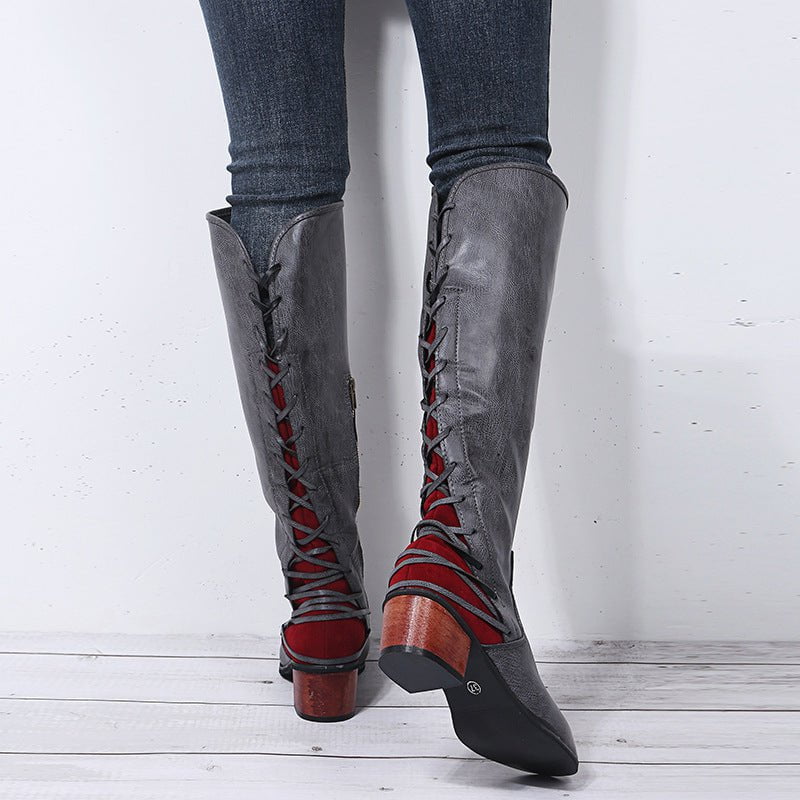 # highheelplatform, # kneehighboots, #highbootsshoes, #bootsshoessize, #bootssize Grey red / 35 High Heel Women's Thigh Flat Slouchy Boot Round Shoes Comfort CJNS133304819SH