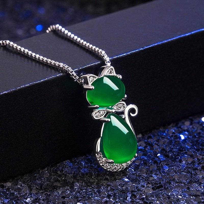 silver cat necklace, cat jewelry, cat necklace same as photo Necklace-Cat Green Stone