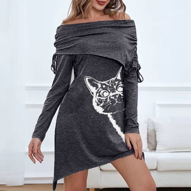cat dress, women cat dress, lady cat dress, dress Dark Grey / XS Ladies short dresses