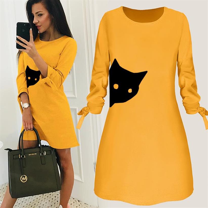 cat dress, women long dress, cat print women long dress, lady long dress Ladies short yellow dress