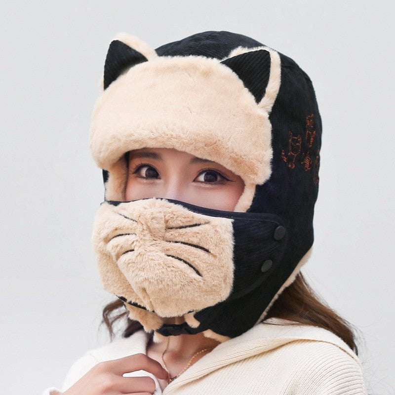 cat hat, cat women hat, women hat, ladies hat, hat black ladies winter hat with mask WCH:0024931740056.01