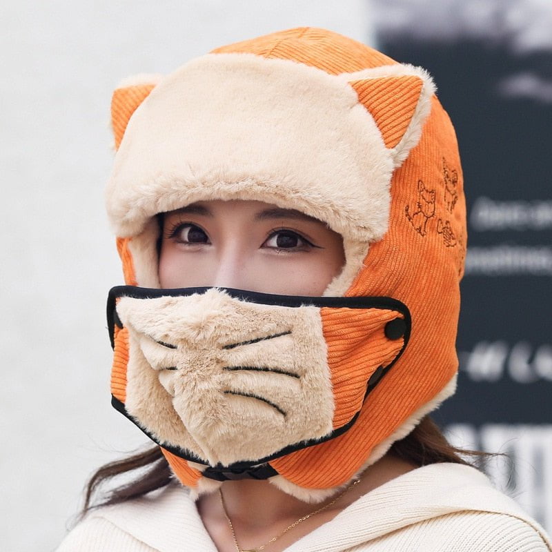 cat hat, cat women hat, women hat, ladies hat, hat Orange ladies winter hat with mask WCH:0024931740056.05