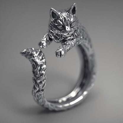 cat jewelry, cat ring, silver cat ring Resizable / White Silver Tail Ring. STR:001903170856