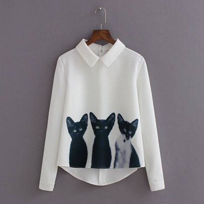 cat shirt, cat women blouse, cat women shirt Women's white blouse with black cats