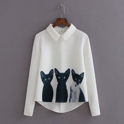 cat shirt, cat women blouse, cat women shirt white / S Women's white blouse with black cats
