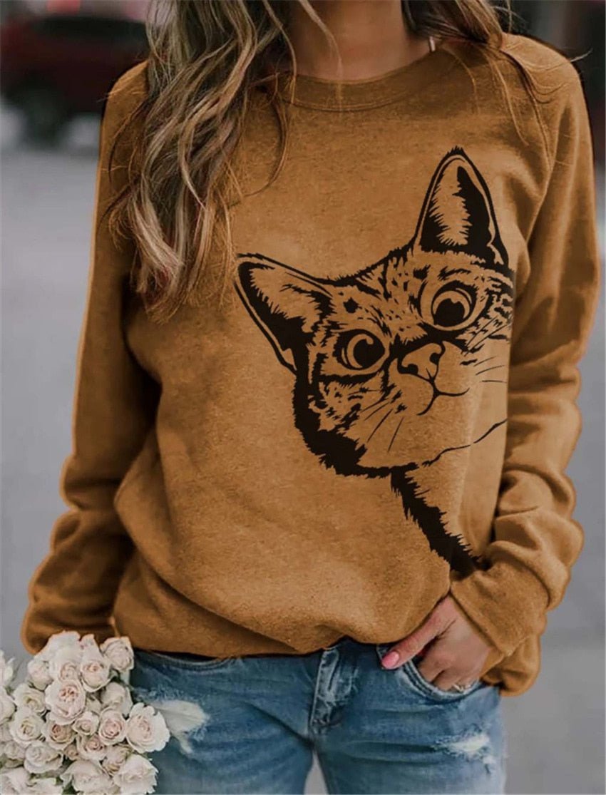 cat sweatshirt, cat pullover, women fleece coat, women cat sweatshirt, women sweatshirt CF211282 Yellow / M Women's sweatshirt with cat ink