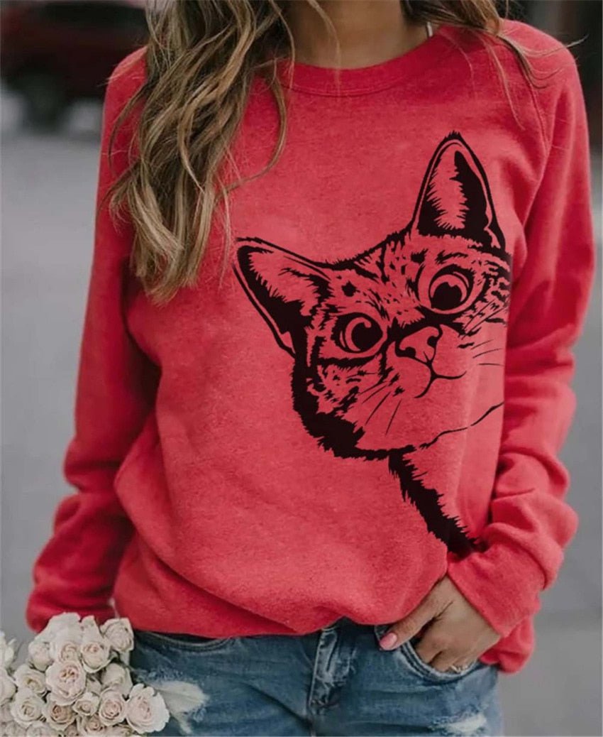 cat sweatshirt, cat pullover, women fleece coat, women cat sweatshirt, women sweatshirt CF211282 Red / M Women's sweatshirt with cat ink