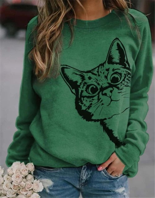 cat sweatshirt, cat pullover, women fleece coat, women cat sweatshirt, women sweatshirt CF211282 Green / L Women's sweatshirt with cat ink