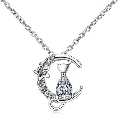 silver Cat Moon necklace, Cat Jewelry, Cat Pendant 40cm plus 3.5cm MoonStar Necklace