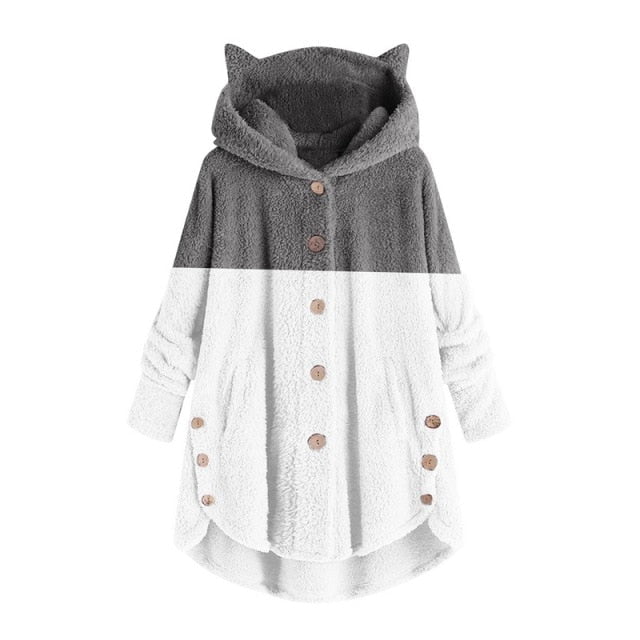 women cat ears hoodies, fleece coat, sweatshirt hoodies, women cat hooodies Long fleece coat SKETCHES-Grey