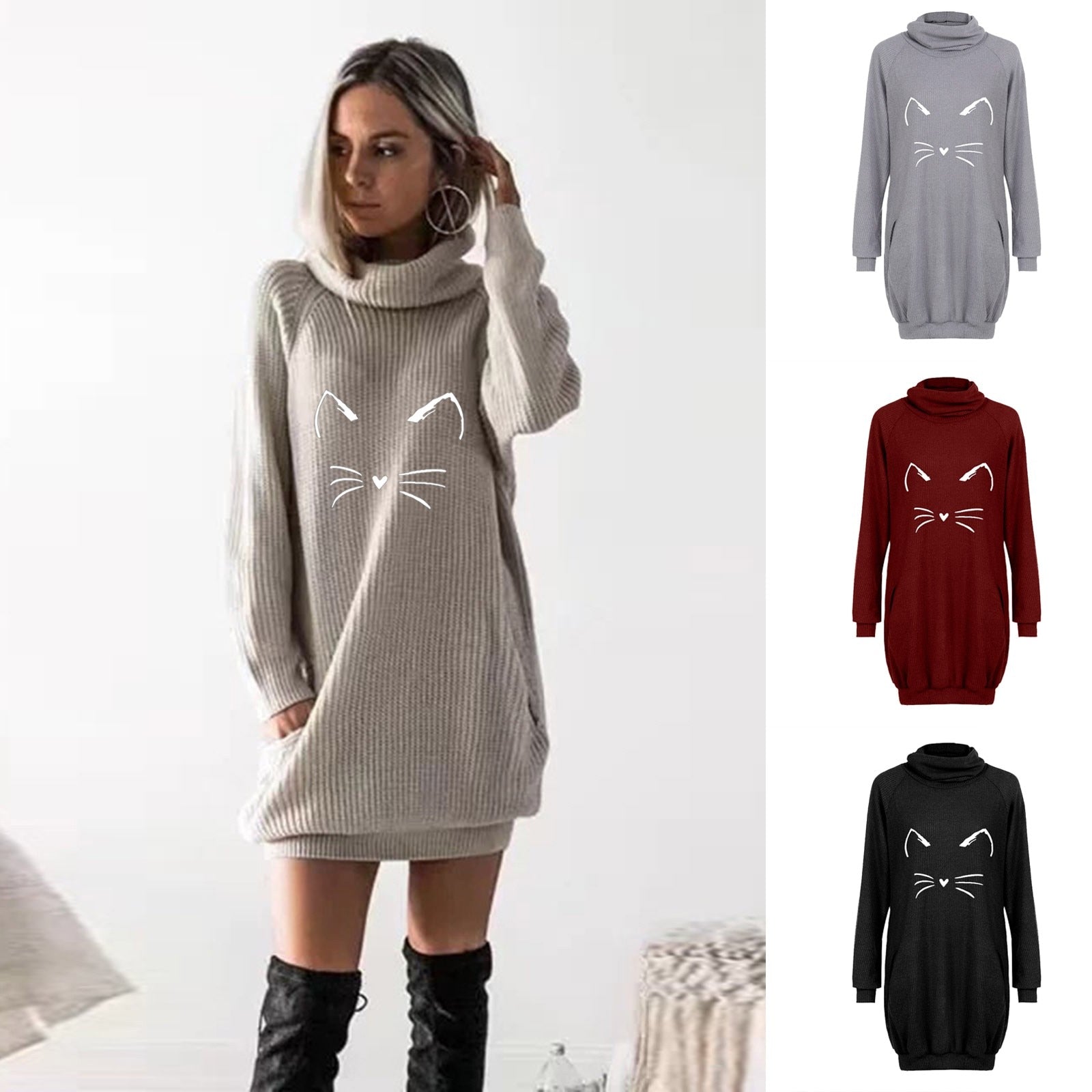 women dress, sweaterdress, cat sweater dress, cat women dress, women long sleeve dress Knitted sweater dress pattern
